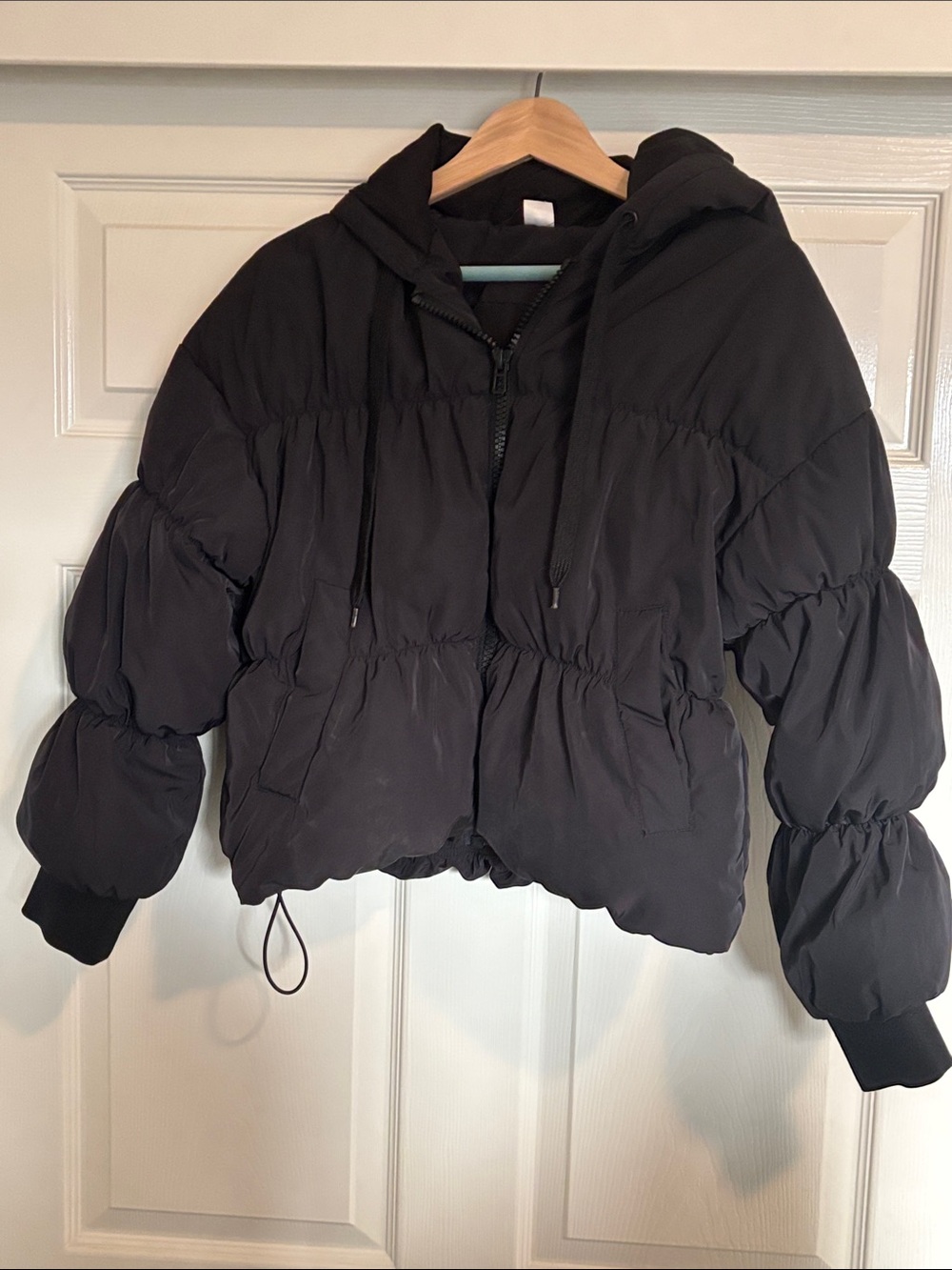 Divided Black Quilted Puffer Jacket with Elastic Waist